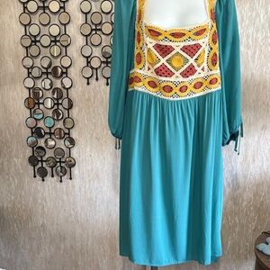 NFS Cato Boho Teal Midi Dress with Multicolor Crochet Bodice